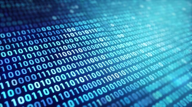 Digital binary code background with flowing blue ones and zeros on a dark screen computer information software technology abstract internet computing