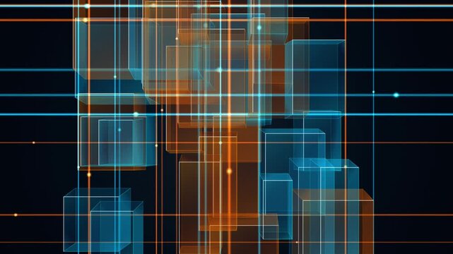 Futuristic digital tech grid background with glowing blue orange 3D glass cubes network loop