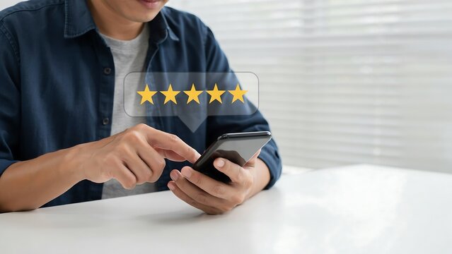 Businessman holding smartphone with five star customer rating and online review concept