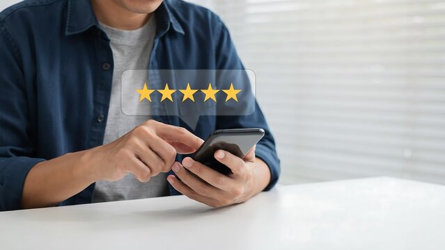 Businessman holding smartphone with five star customer rating and online review concept