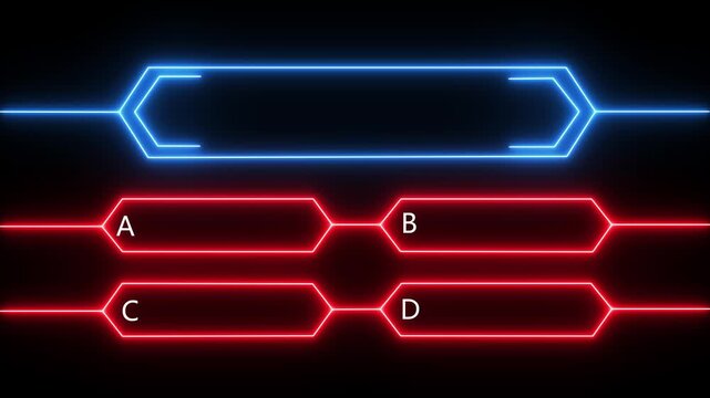Animation of a neon quiz line with a choice of answer options on a black background. Question mark motion animation, futuristic confusing motion graphics 4K.