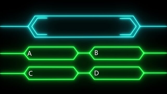 Animation of a neon quiz line with a choice of answer options on a black background. Question mark motion animation, futuristic cyber tech visual, motion graphics 4K.