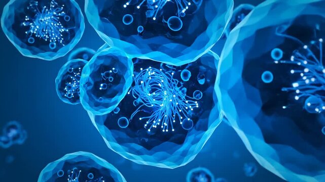 Abstract blue microscopic cells with glowing internal structures, representing biology or medicine.
