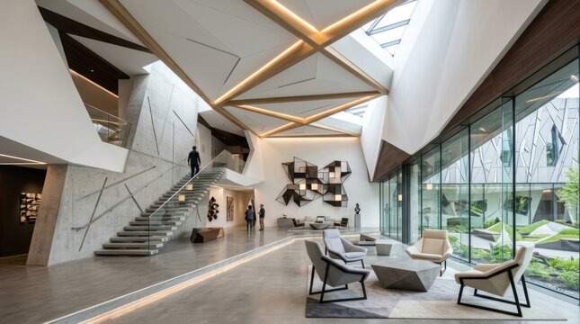 A modern, architecturally designed interior space featuring a grand staircase and a glass-enclosed atrium.