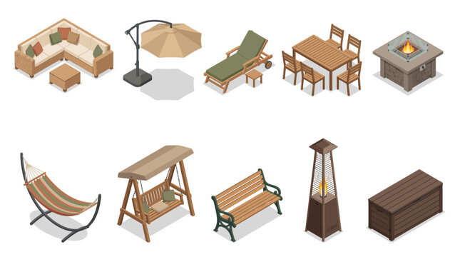 Isometric set of outdoor garden furniture and patio accessories in vector illustration.