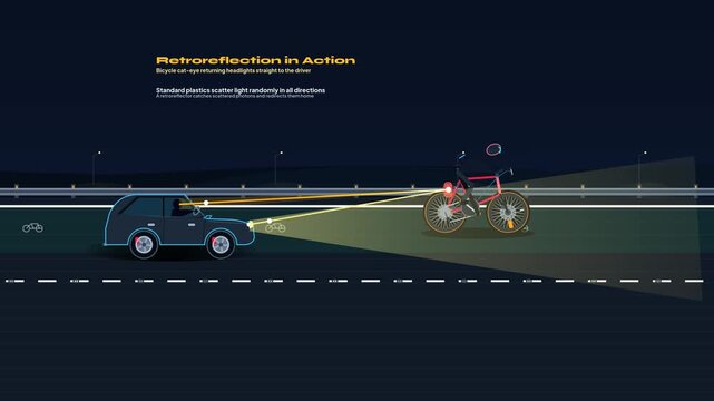 Educational 2D animation explaining the physics of retroreflection, demonstrating how microscopic corner-cube matrices on bicycle reflectors bounce car headlights directly back to the driver