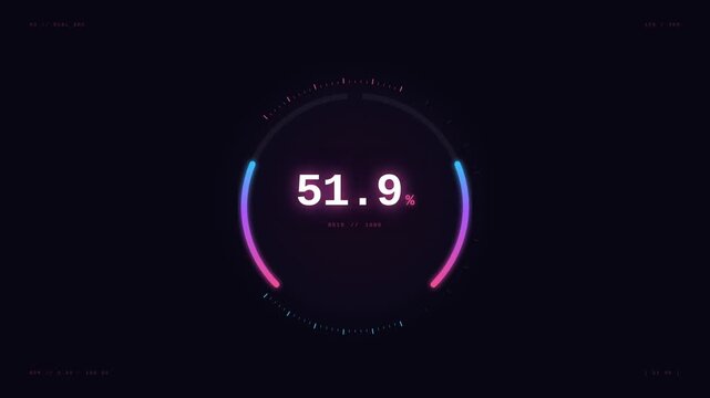 A neon circular progress bar counts up from 6.9% towards completion against a black background, featuring a futuristic digital design in pink and blue tones.