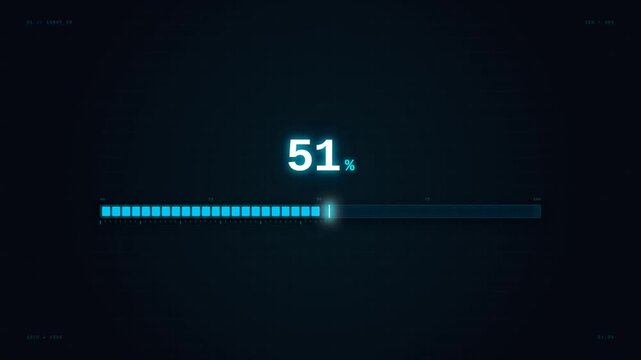 A digital progress bar with a glowing blue light advances steadily against a dark background, showing percentage increments from 6% up to 85% in a sleek, futuristic interface.