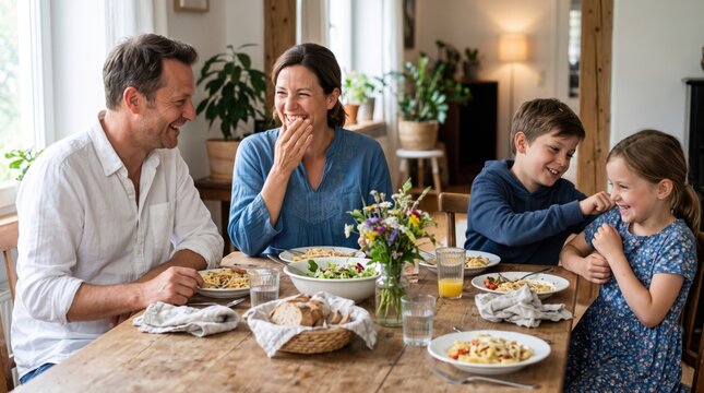 Family enjoying meal together in warm home, smiling parents and children sharing food around wooden dining table with flowers and natural light
