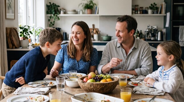 Family enjoying meal together in bright kitchen, smiling parents and children sharing food around dining table with warmth and happiness