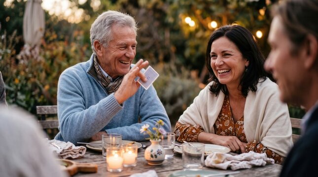People conversing at table during joyful outdoor dinner, older man holding playing card while friends share laughter, candlelight and garden setting create warm social atmosphere