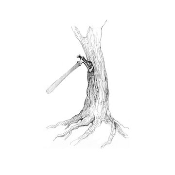 sketch of an ornate viking axe embedded in a tree trunk, monochrome hand-drawn illustration
