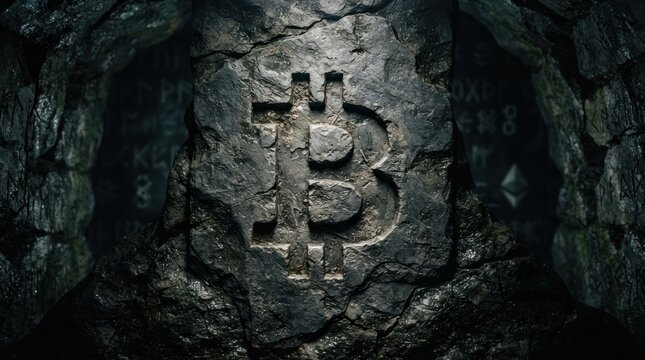 A dark, rocky surface with a prominently carved Bitcoin symbol embedded within it.