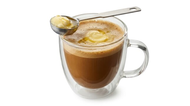 A clear glass mug filled with a rich brown liquid, likely coffee, topped with two dollops of butter.