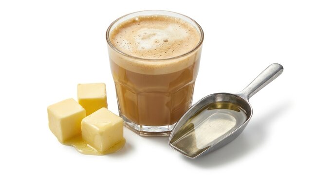 A glass filled with a creamy brown beverage, likely coffee, with a frothy top.