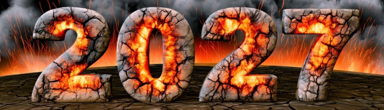 2027 numbers made of glowing cracked lava stone with fiery background Fire