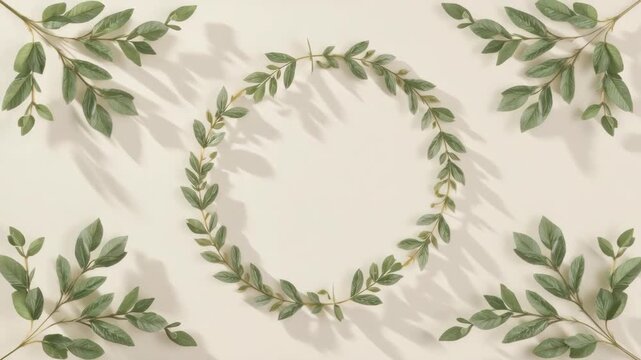 Green Leaf Wreath and Foliage on Beige Background with Calm Natural Border and Soft Shadows