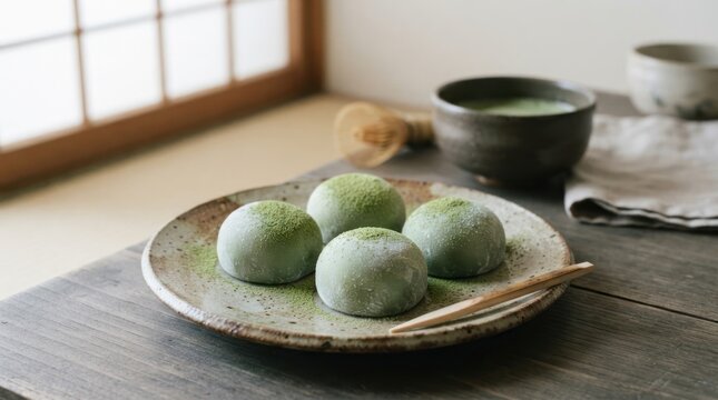 A serene setting showcases matcha green dumplings on a rustic plate, accompanied by a traditional bowl of matcha and a soft napkin, all set against a wooden table