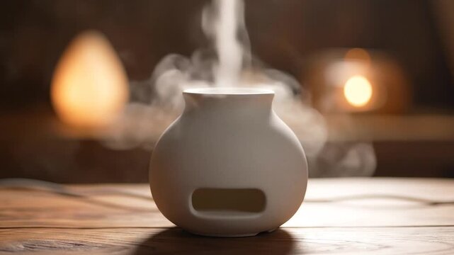 Ultrasonic aroma diffuser spraying fine white mist on wooden table