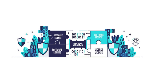 Software Licensing and Data Security Concept Illustration with Puzzle Pieces and Binary Code