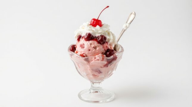 A glass dessert bowl filled with cherry ice cream, topped with whipped cream and a single red cherry.