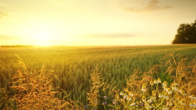 The camera moves up over a wheat field with wildflowers and poppies.