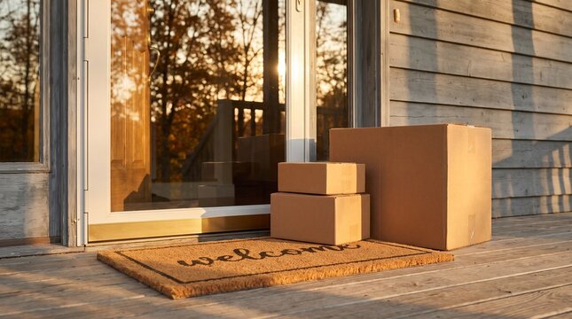 Delivered Cardboard Boxes at Home Doorstep in Warm Golden Sunset Light, Package Delivery at Entrance