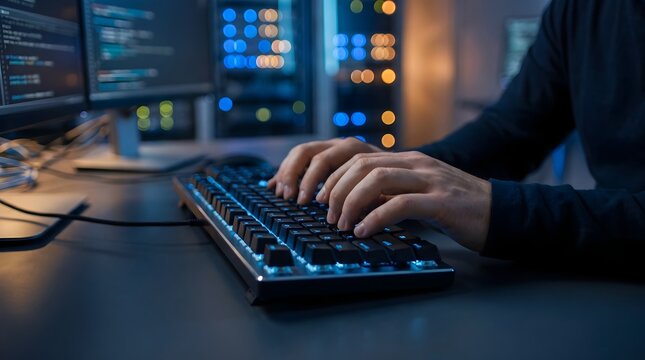 Close up of a professional software developer typing on a mechanical keyboard while working on complex computer code