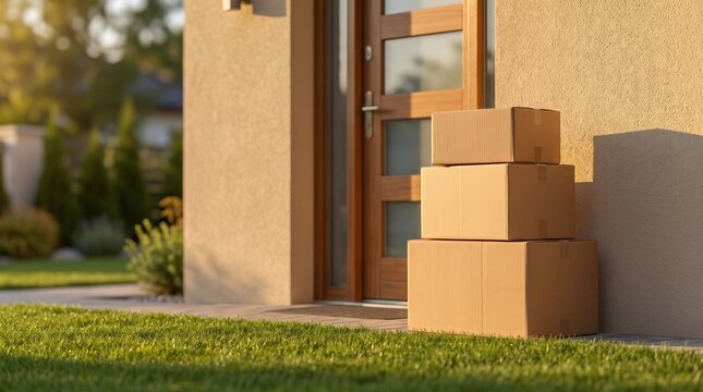 Stack of Cardboard Delivery Boxes at Wooden Front Door of Modern Home, Package Delivery Concept