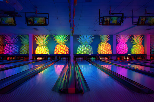 A neon-lit bowling alley with pineapples instead