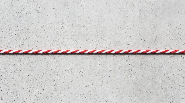 Red and White Twisted Bakers Twine Stretched Straight on Light Grey Concrete Background