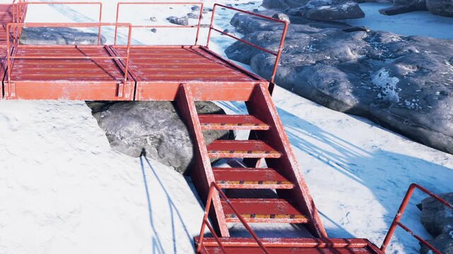 Bright red metal stairs and platform stand on a patch of white snow surrounded by large dark rocks in the cold light of day. This structure provides a path across the frozen terrain under a clear sky.