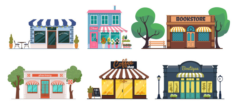 Shop house. Small market, cozy flower shop in town. Cute facade, city building. Cartoon bakery, candy, cafe. Pharmacy storefront. Retail architecture exterior. Vector cartoon isolated illustration