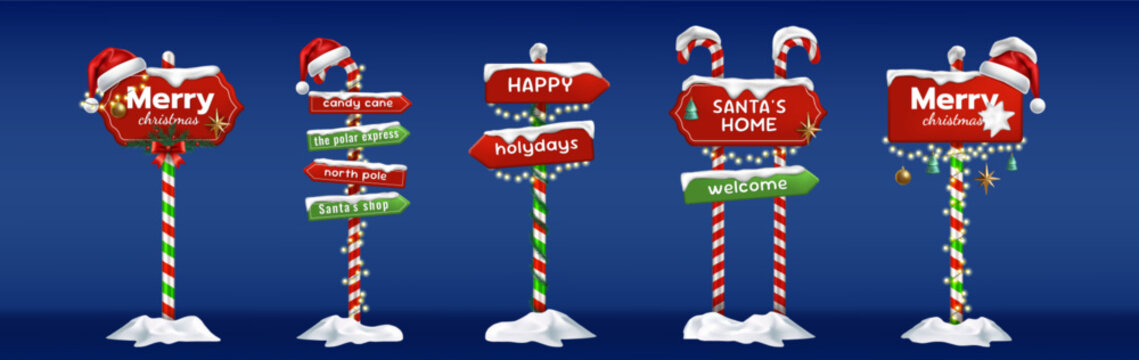 Christmas signpost. Realistic snow on pointer. Candy cane pole. Xmas sign with garland, bow, Santa hat. Festive greetings and holiday direction, celebration decoration. Vector 3d isolated illustration
