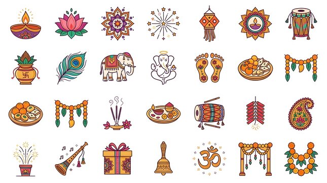 Diwali Thin Line Icon Set with 25 Hindu Festival of Lights and Traditional Celebration Symbols