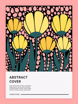 Floral vintage pattern. Abstract cover design. Stylized yellow flowers and dark green foliage. Retro botanical artwork, decorative composition for poster or print. Vector cartoon isolated illustration