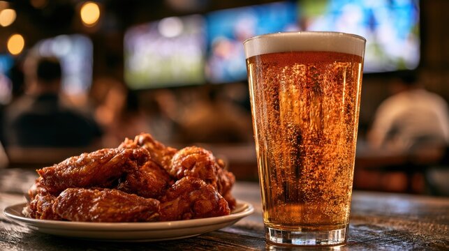 Close-up of amber glass filled with cold beer next to plate of crispy fried chicken wings on wooden bar counter in dimly lit sports pub environment