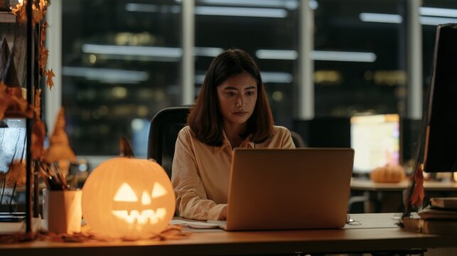 Woman working on laptop at office desk with carved Halloween pumpkin. Seasonal workplace decoration and autumn holiday. Remote work and digital technology concept.