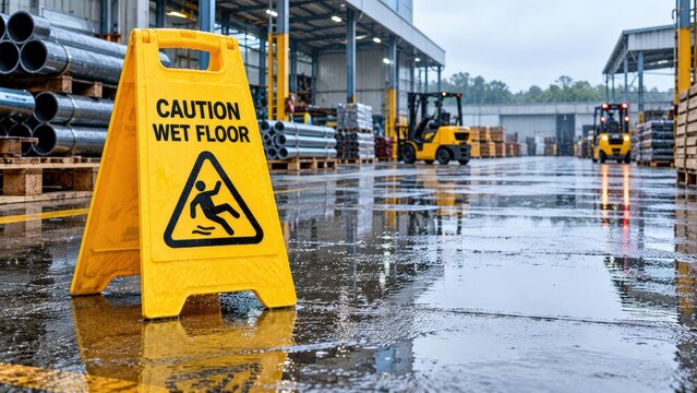 Yellow caution wet floor sign placed on slick industrial warehouse concrete surface near metal pipes and two forklifts.