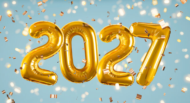 banner, gold inflatable balloons shaped as the numbers 2027 on a blue background