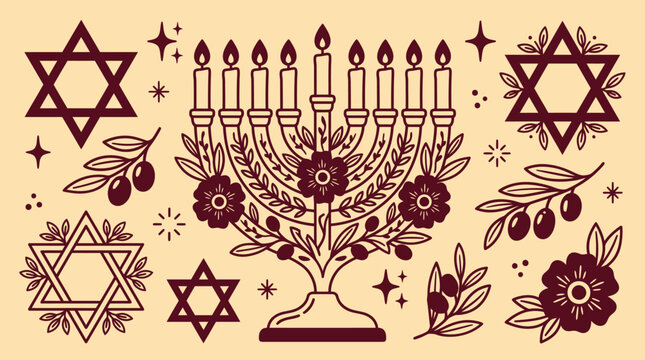 Decorative hanukkah vector bundle featuring traditional menorah symbols stars of david and olive branches for jewish holiday celebration designs