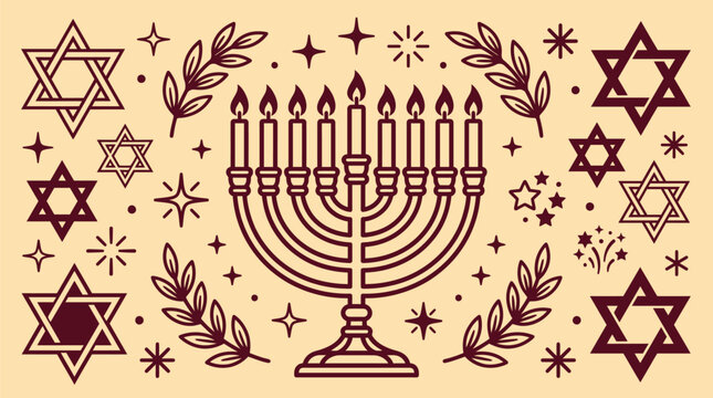 A festive hanukkah vector bundle featuring a traditional menorah with burning candles and decorative star of david symbols illustration