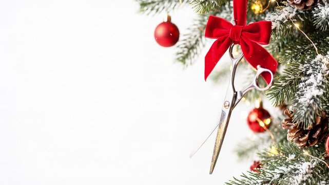 Hairdressing scissors and a bow on spruce branches with garland lights and snowfall with space for text. A New Year's concept for beauty salons, barbershops, and hairstylists