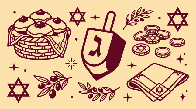 A festive hanukkah vector bundle featuring traditional holiday elements like a dreidel gelt sufganiyot and star of david symbols