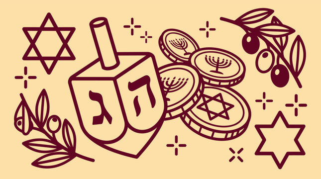 A festive hanukkah vector bundle featuring hand drawn illustrations of dreidels menorah coins and stars for jewish holiday celebration designs