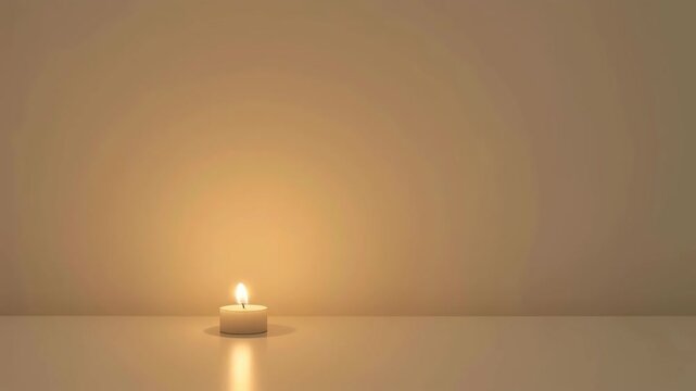 Minimalist beige wall and table with lit candle casting warm glow and soft golden light