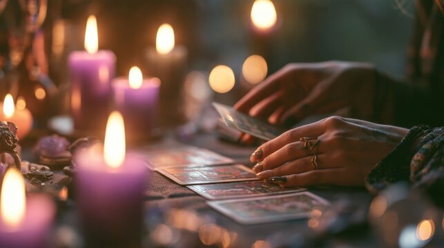 Mystic hands laying out tarot cards on table surrounded by glowing purple candle flame in dim candlelit room setting for fortune telling ritual