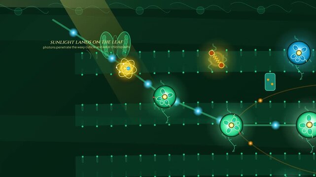 Quantum biology animation illustrating photosynthesis as a photon creates an exciton packet utilizing quantum superposition to explore multiple molecular pathways and capture maximum energy