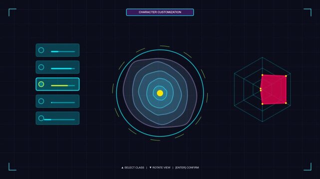 Futuristic game character customization menu with statistical radar charts and slider options a digital user interface display showing settings for a modern