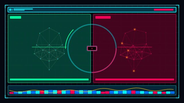 Biometric face recognition scanning interface with wireframe geometry and digital graphs a technical security showing facial structures being scanned and analyzed on a dashboard